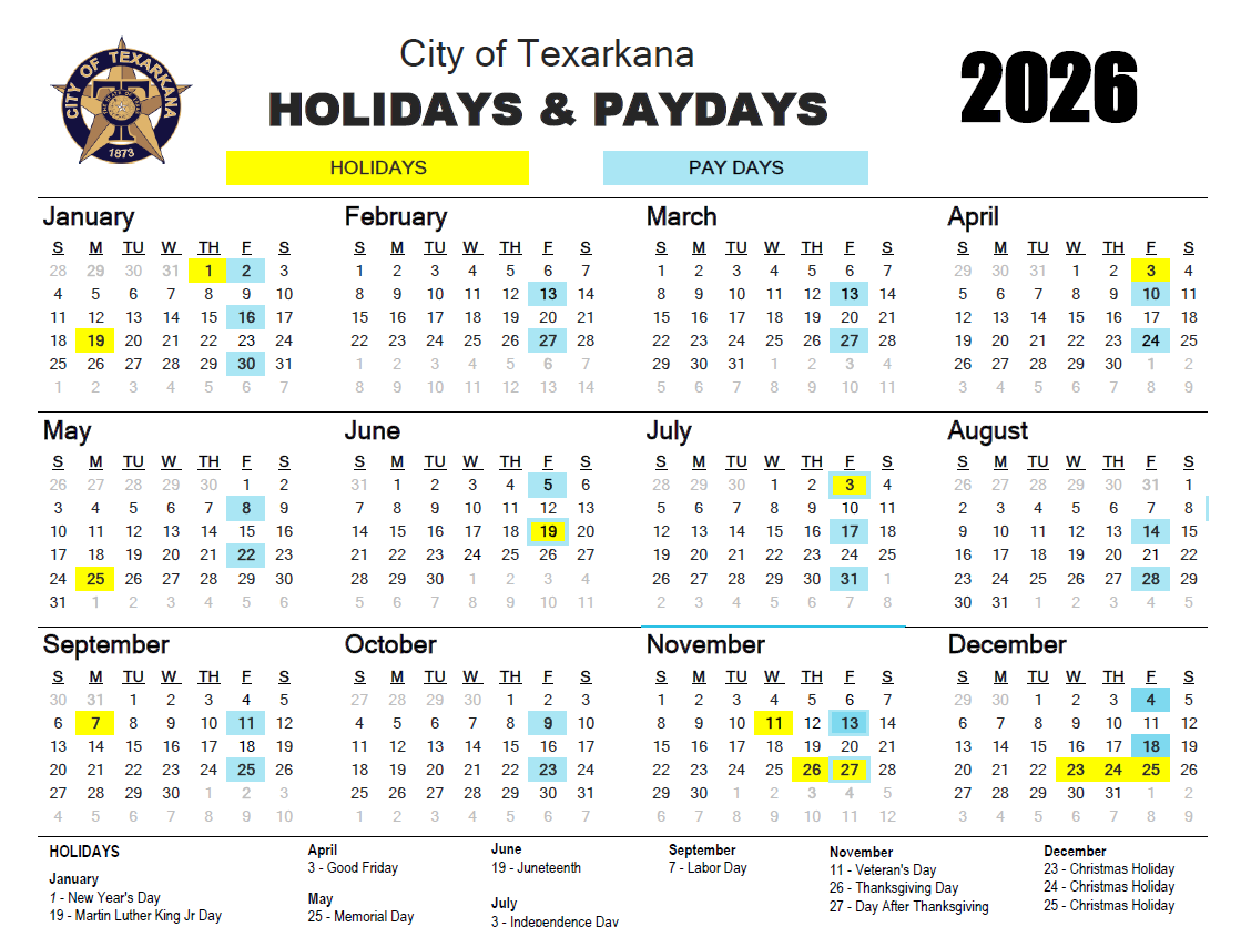2026 Holidays Paydays Calendar