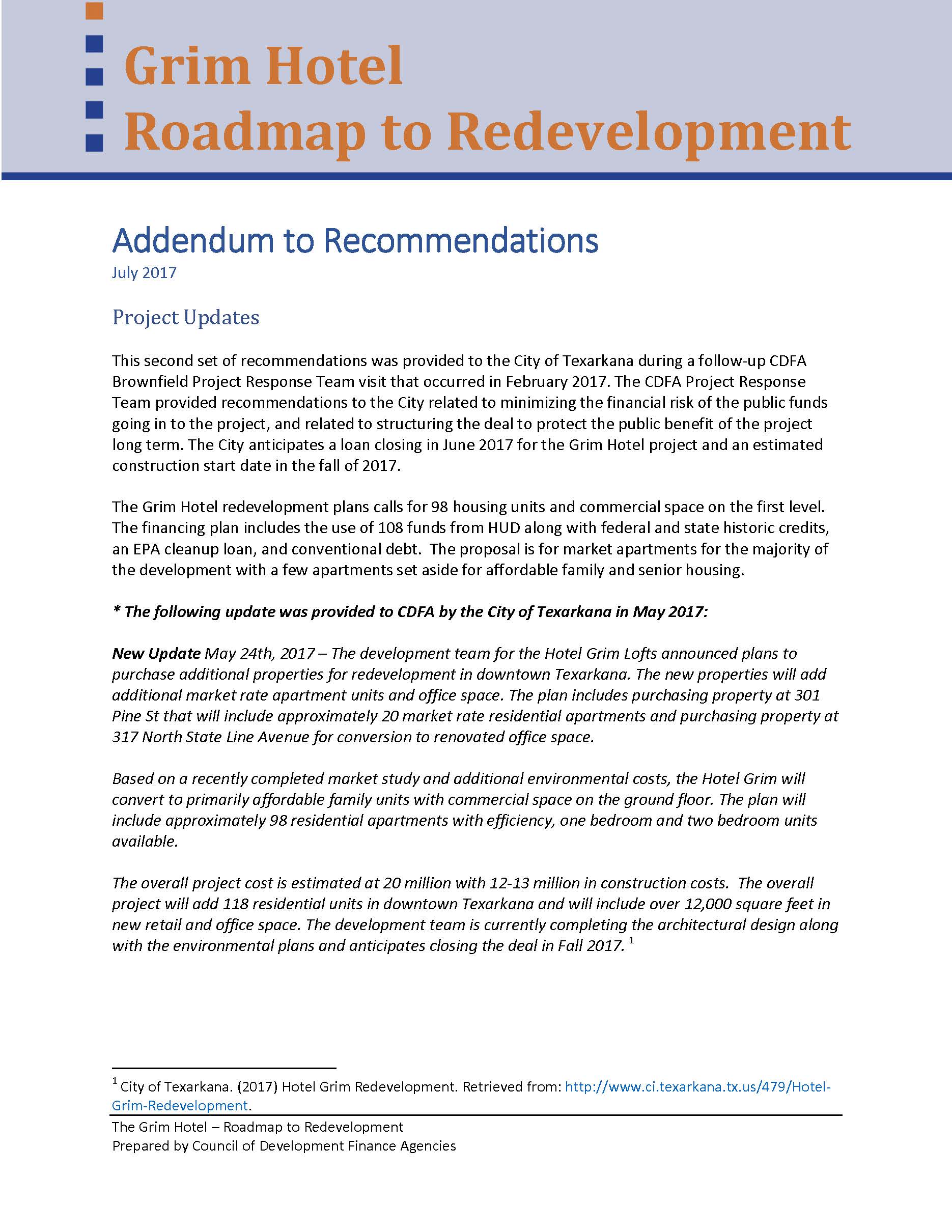 Grim Hotel Roadmap to Redevelopment Addendum